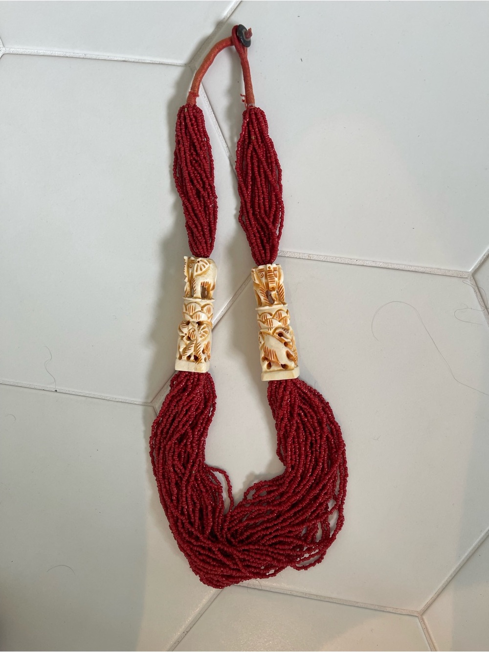 Tribal Tibetan Red Multi-Strand Beaded Necklace with Carved Bone Accents